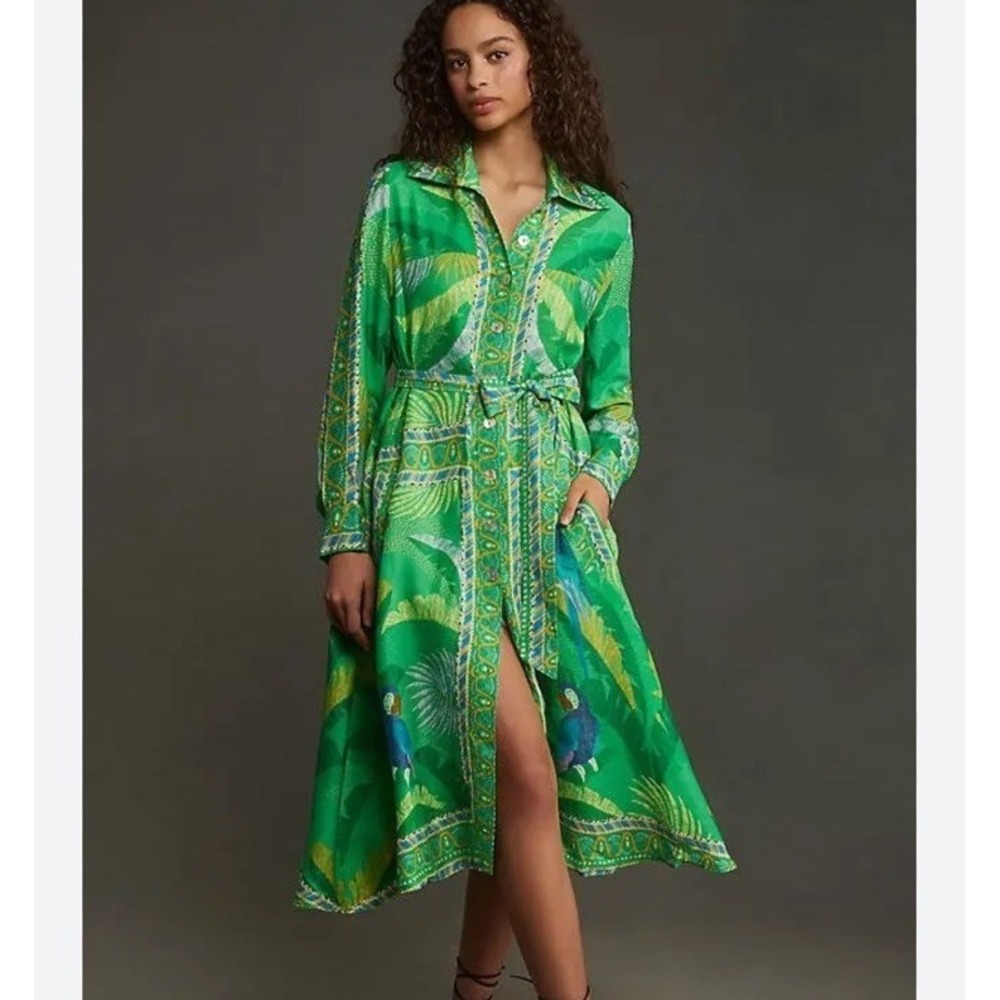 Farm Rio Macaw Scarf Chemise Midi Dress‎ Size S NWT Anthropologie Green